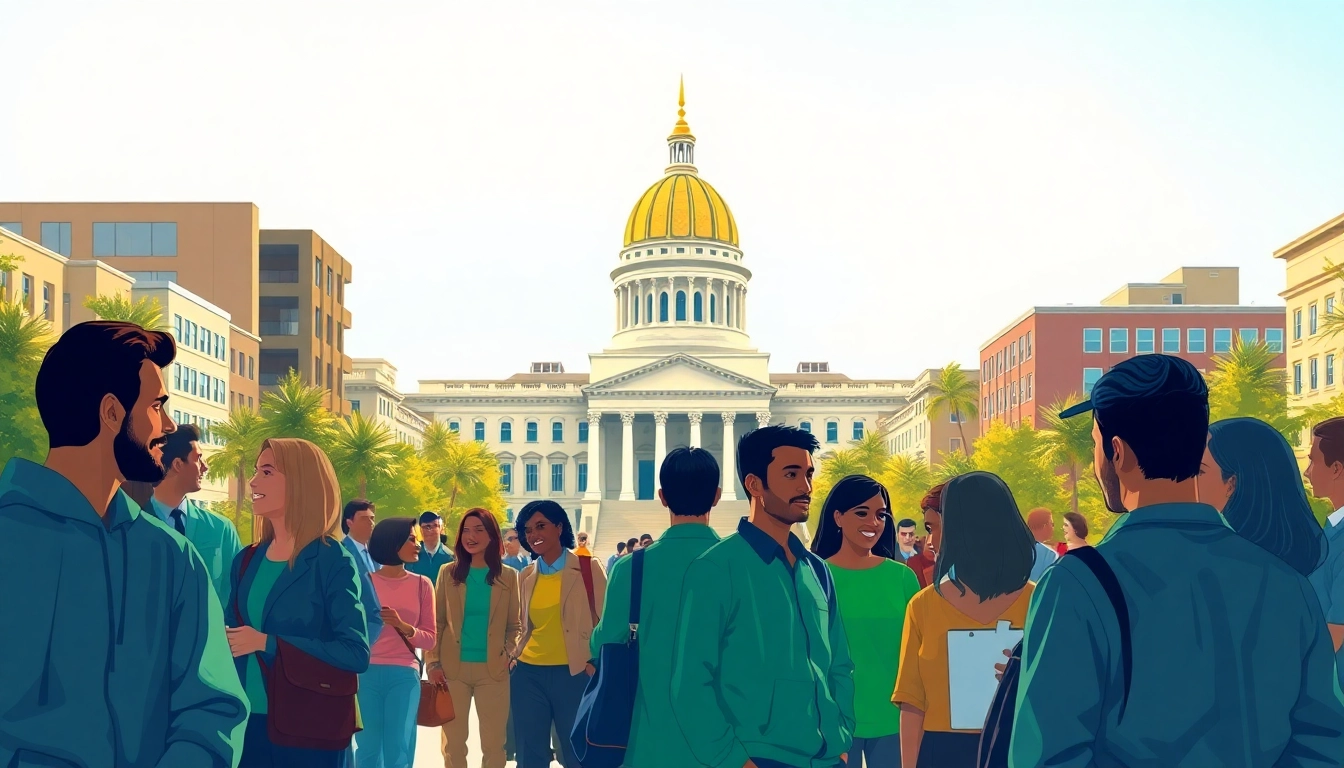 Engaging community scene at a state capital building reflecting civic life and diversity.
