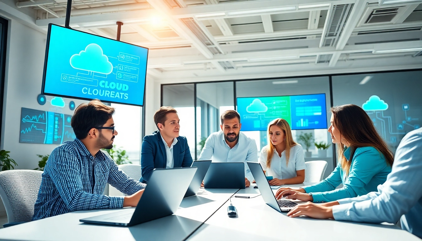 Collaborative professionals discussing Cloud infrastructure and DevOps services in a tech-savvy office.