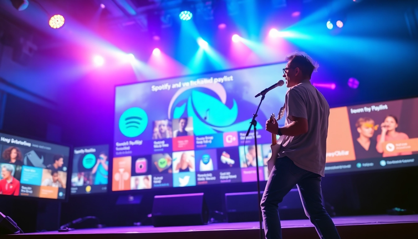 Artist engaging in spotify promotion with vibrant digital elements in a lively atmosphere