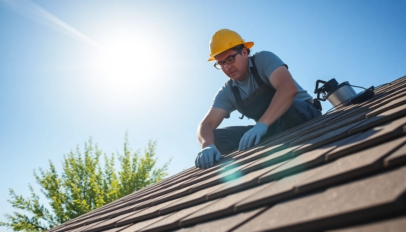 Roofer services Prescott valley showcasing a professional roofer repairing a residential roof under natural sunlight.