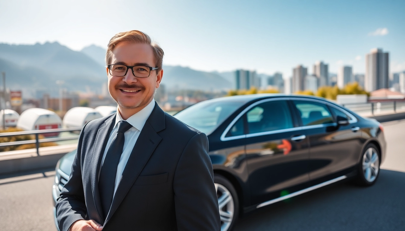 Utilize premium car service Vancouver BC with a professional chauffeur and luxury sedan in a modern cityscape.