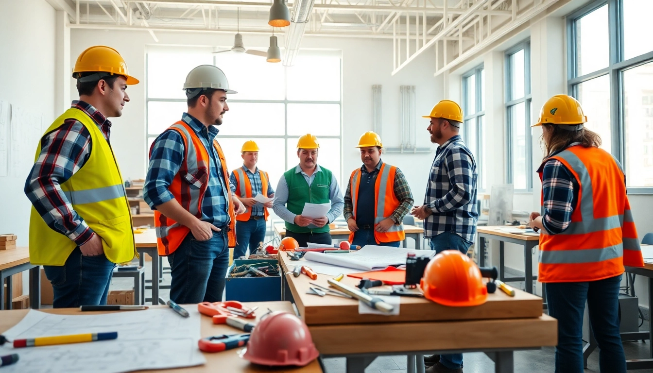 Students learning at construction trade schools in texas while using tools and blueprints.