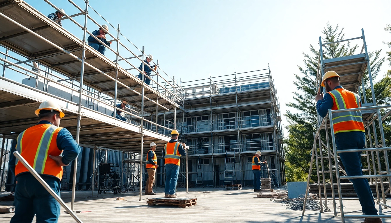Workers assembling Whangarei scaffolding on a construction site, ensuring safety and quality.