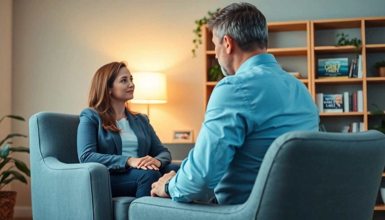 Therapist assists individual dealing with grief in a nurturing, calm office environment.