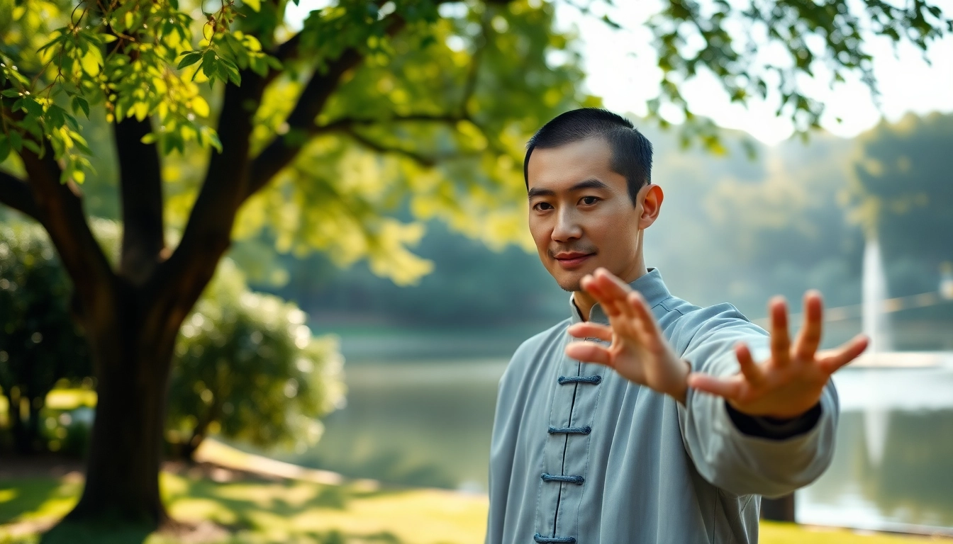 Tai Chi Classes Los Angeles participant performing movements in a tranquil park setting with nature.