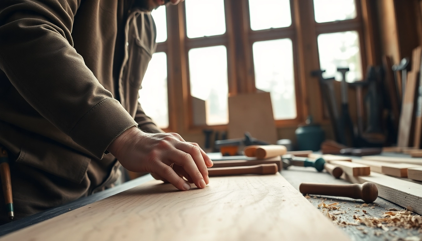 Carpentry expert refining wooden surfaces with precision in a warmly lit workshop.