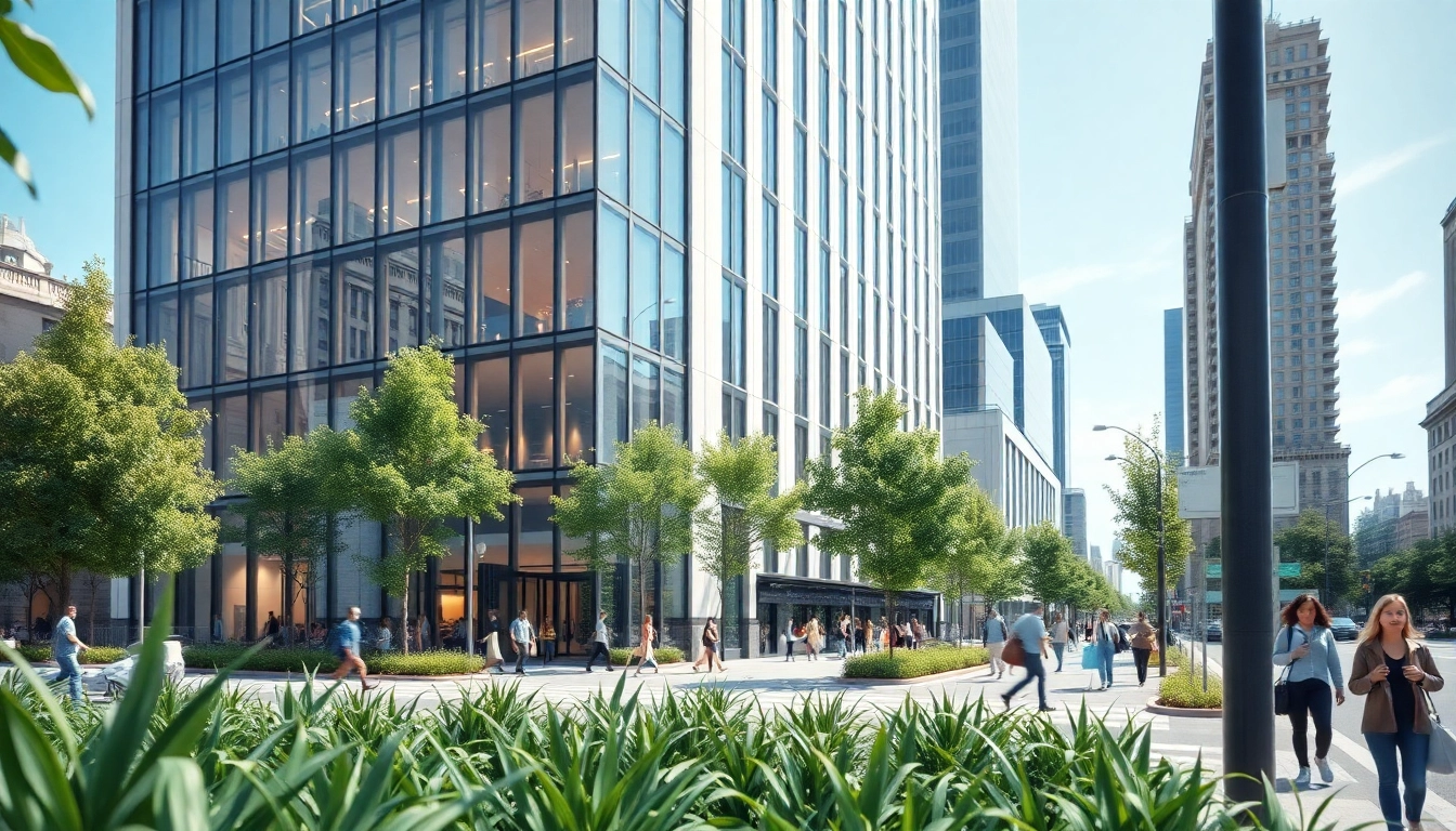 Architekturvisualisierung eines modernen Gebäudes in einer urbanen Umgebung mit lebendigen Details.