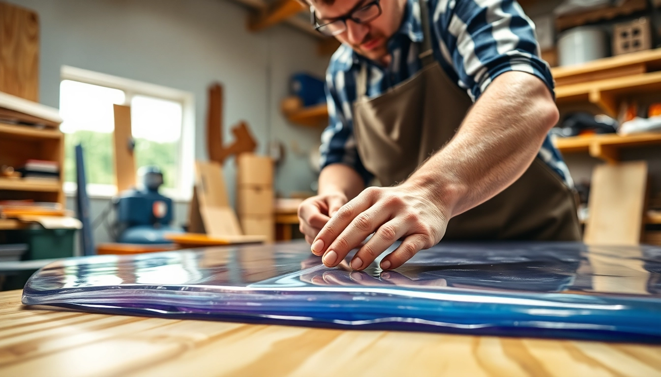 Applying laminating resin to fiberglass sheets in a well-lit workshop environment.