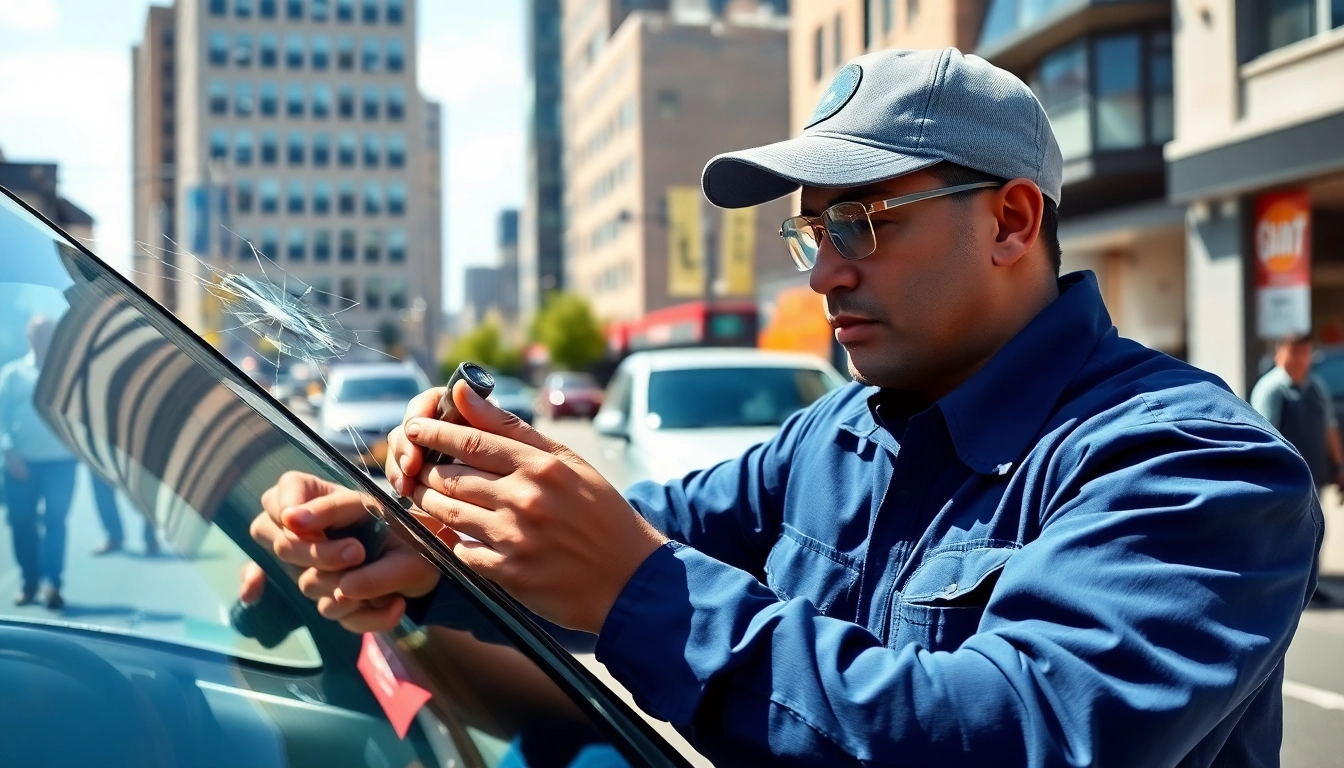 Expert performing Windshield Repair in Portland on a busy city street.