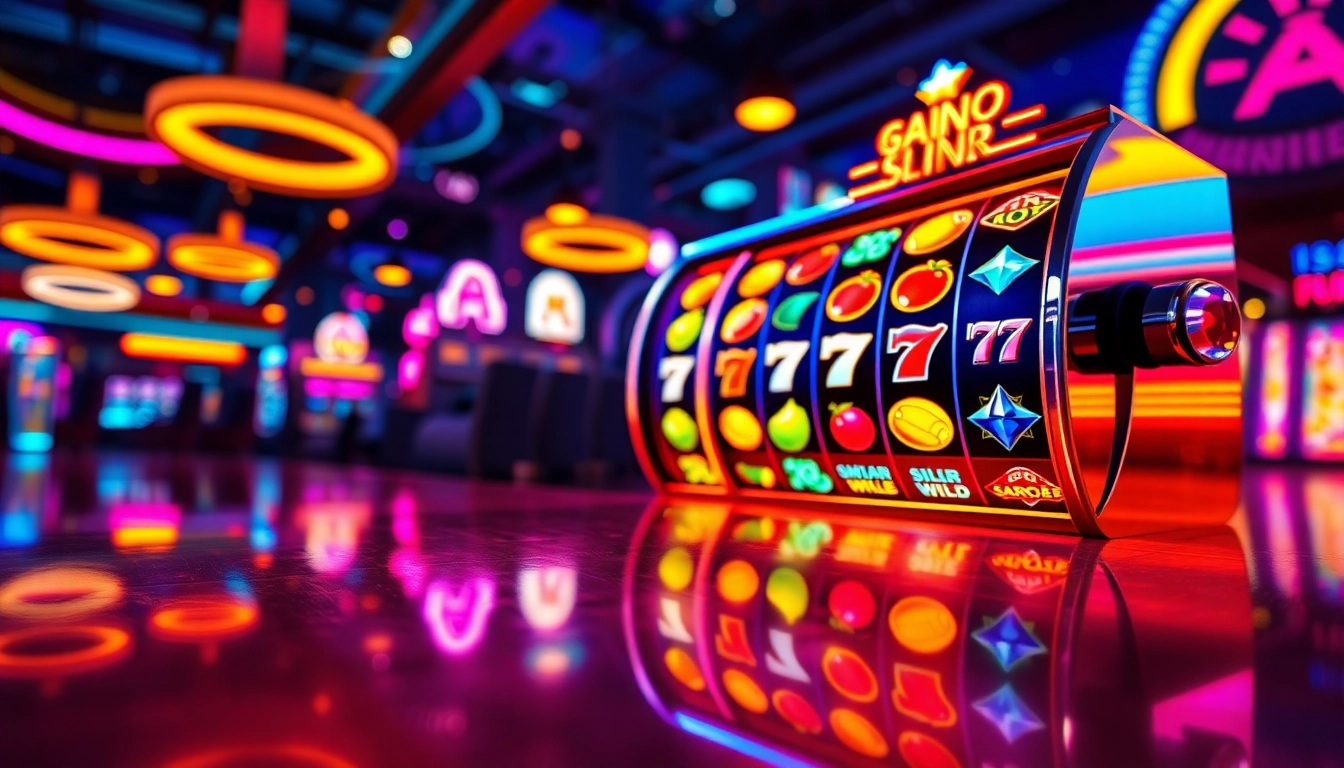 Mesin game slot yang berwarna-warni berputar dengan simbol berkilau, menciptakan suasana kasino yang dinamis.