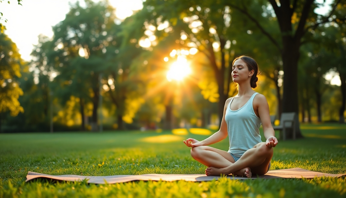Practicing mindfulness for dealing with stress in a serene park environment.