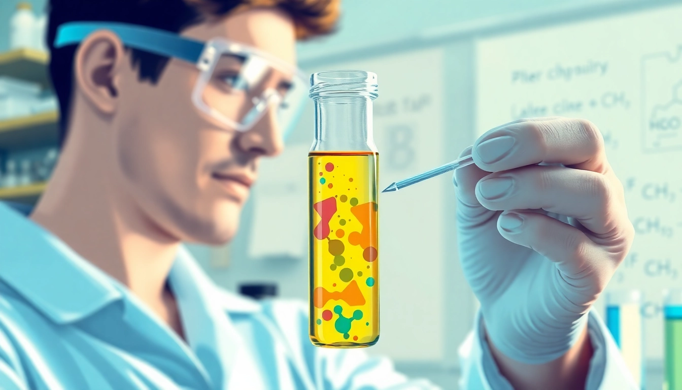 Synthetic Cannabinoids examined in a lab setting by a scientist with safety goggles.