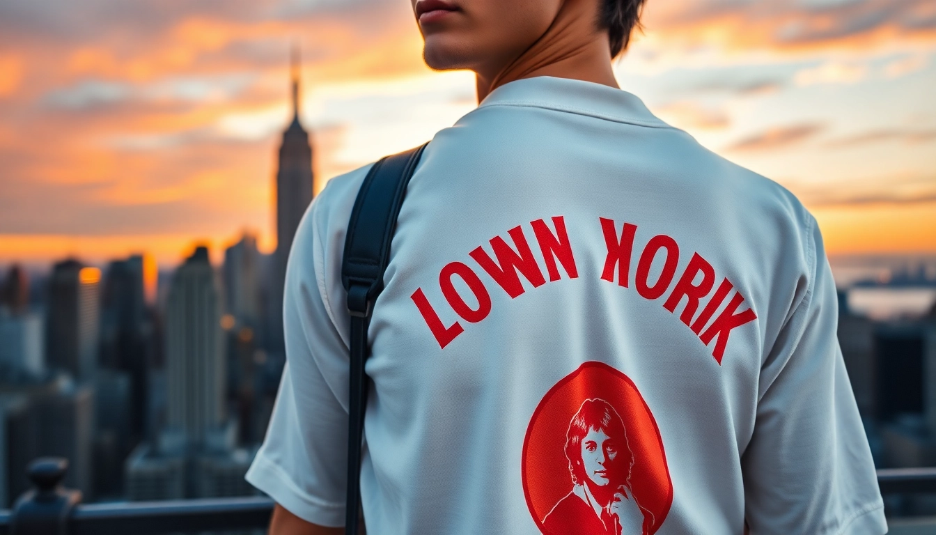 Model showcasing a John Lennon New York shirt against a vibrant NYC skyline