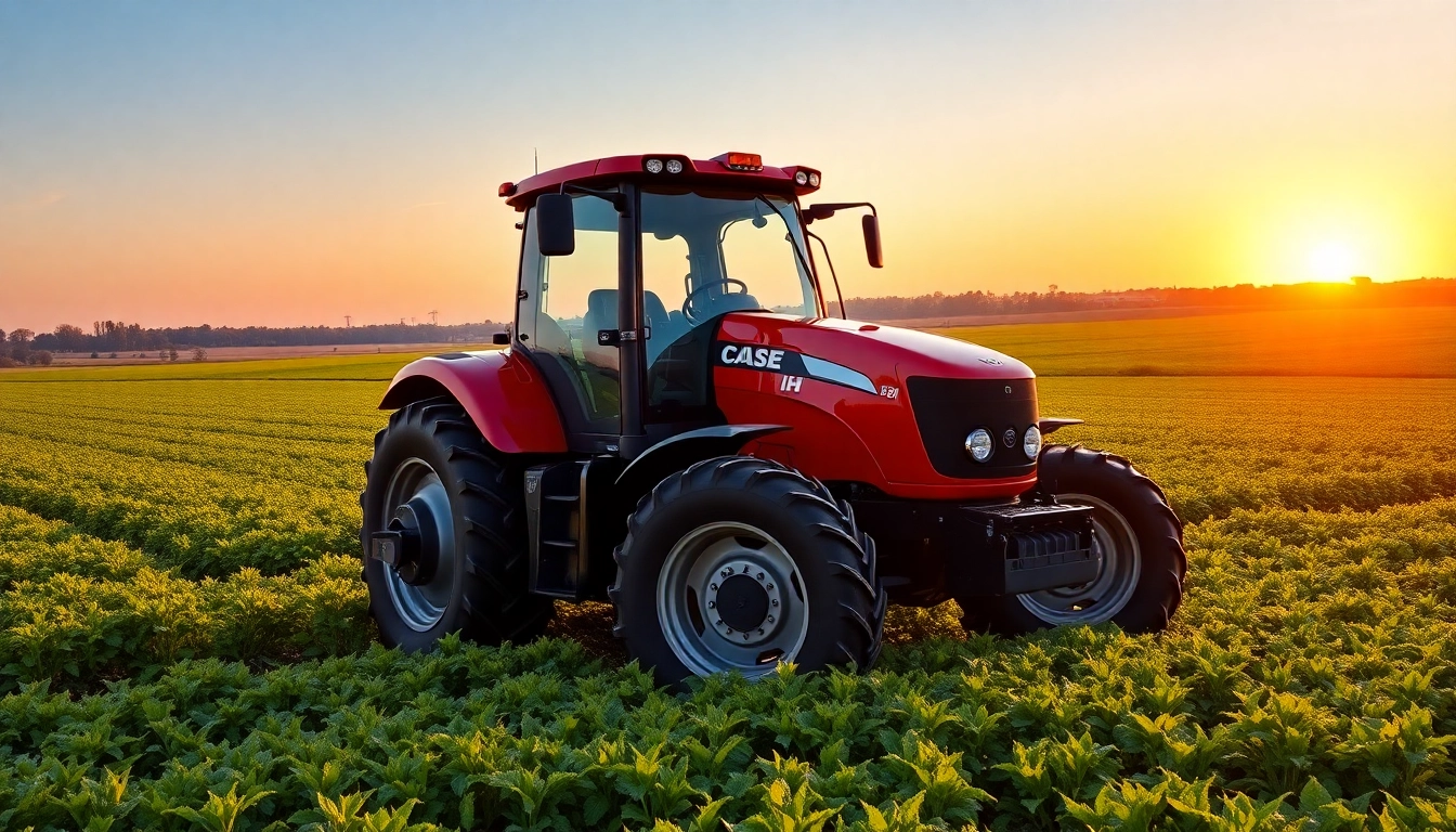 Case-ih Traktor auf einem Feld mit lebhaftem Hintergrund und strahlendem Sonnenlicht.