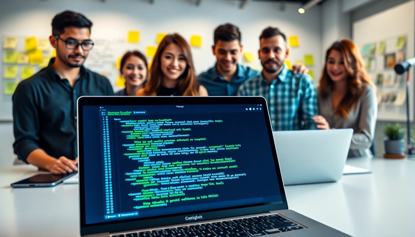 Showcasing web development teamwork with coding screens and collaborative brainstorming.