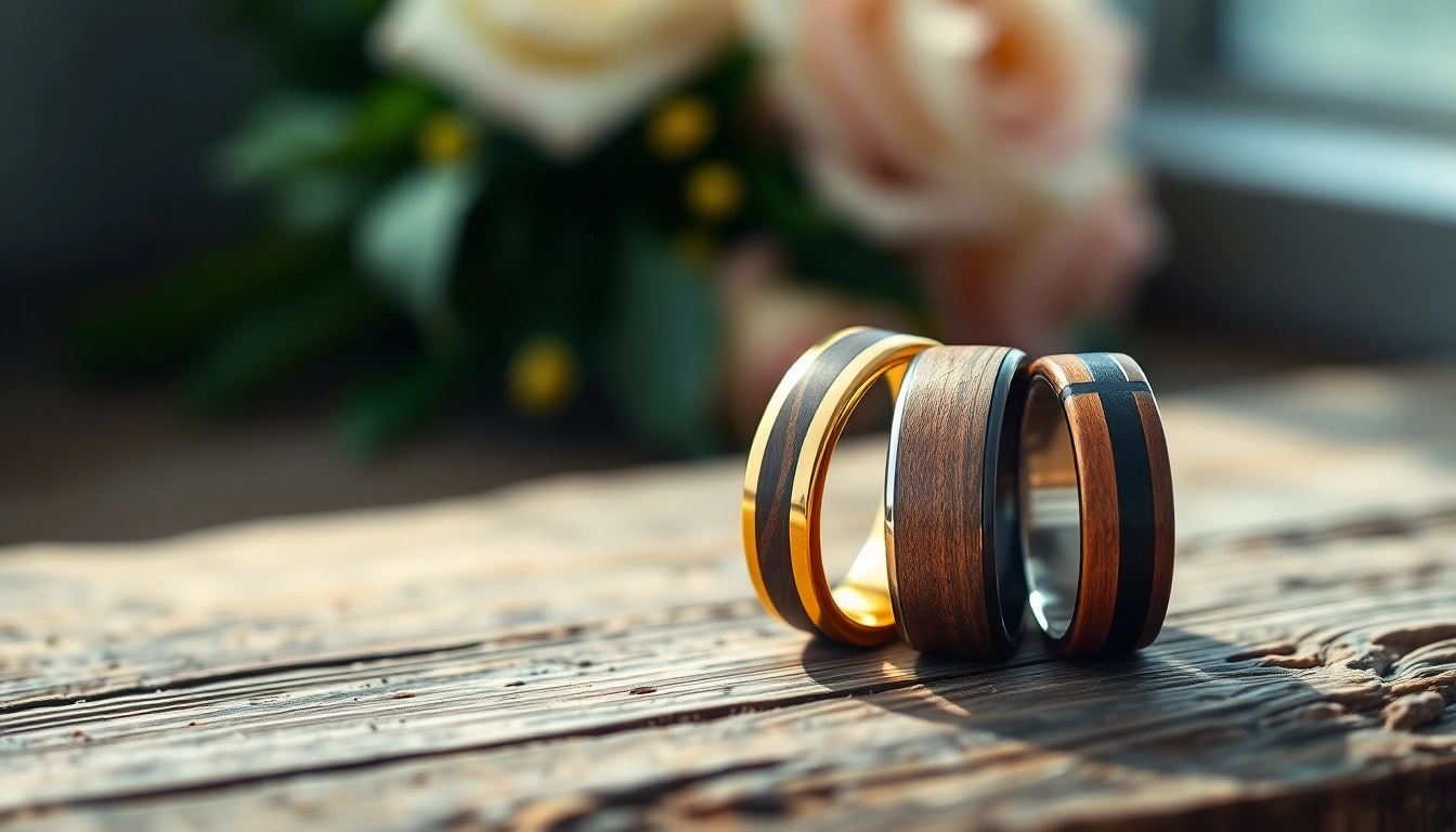 Showcasing elegant men's wedding bands with unique textures and designs on a rustic surface.