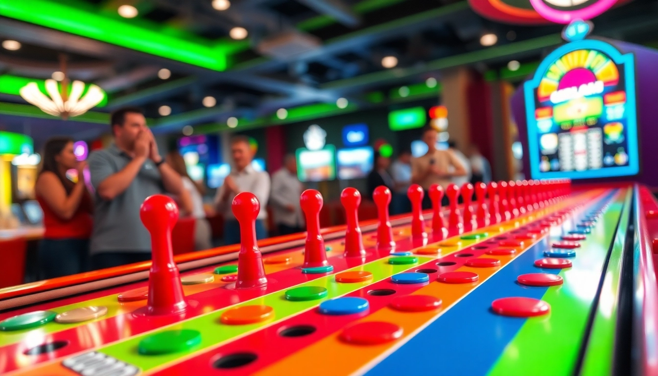 Mainkan plinko di papan permainan berwarna-warni dengan suasana kasino yang menyenangkan