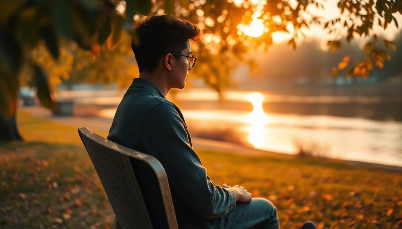 Person reflecting on personal growth after a relationship breakup in a tranquil park setting.
