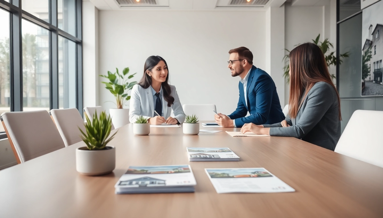 Engaging real estate agent assisting clients to buy a property in a modern office.