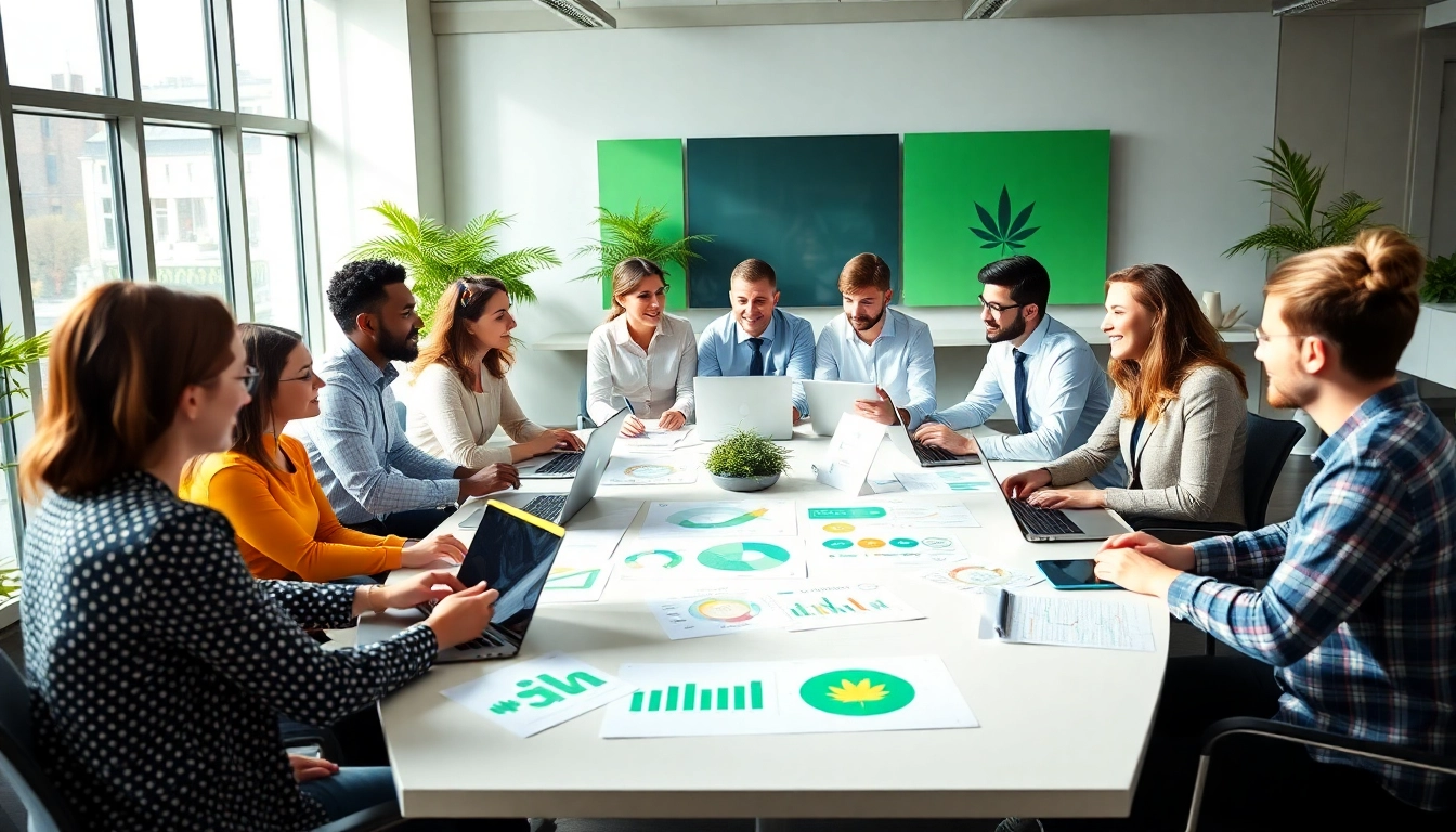 Cannabis marketing agency team brainstorming with vibrant branding materials in a modern office.
