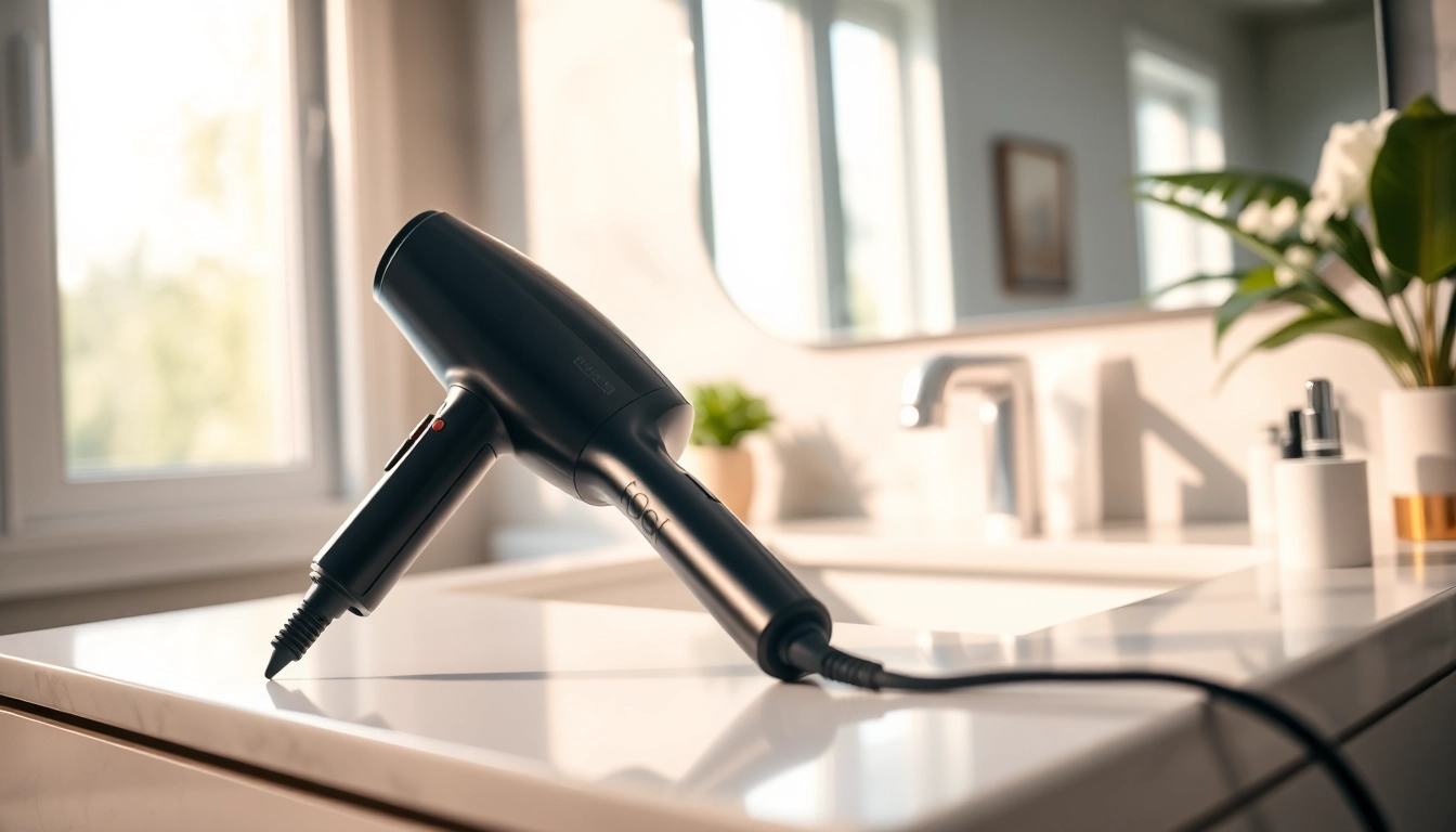 Styler hair dryer placed elegantly on a vanity, showcasing its sleek design and functionality.