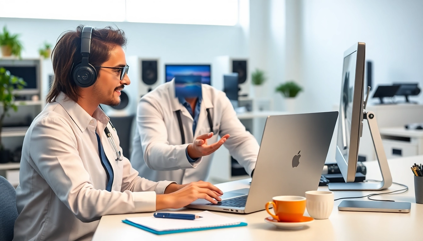 Providing computer support with a technician assisting a client in a modern office.