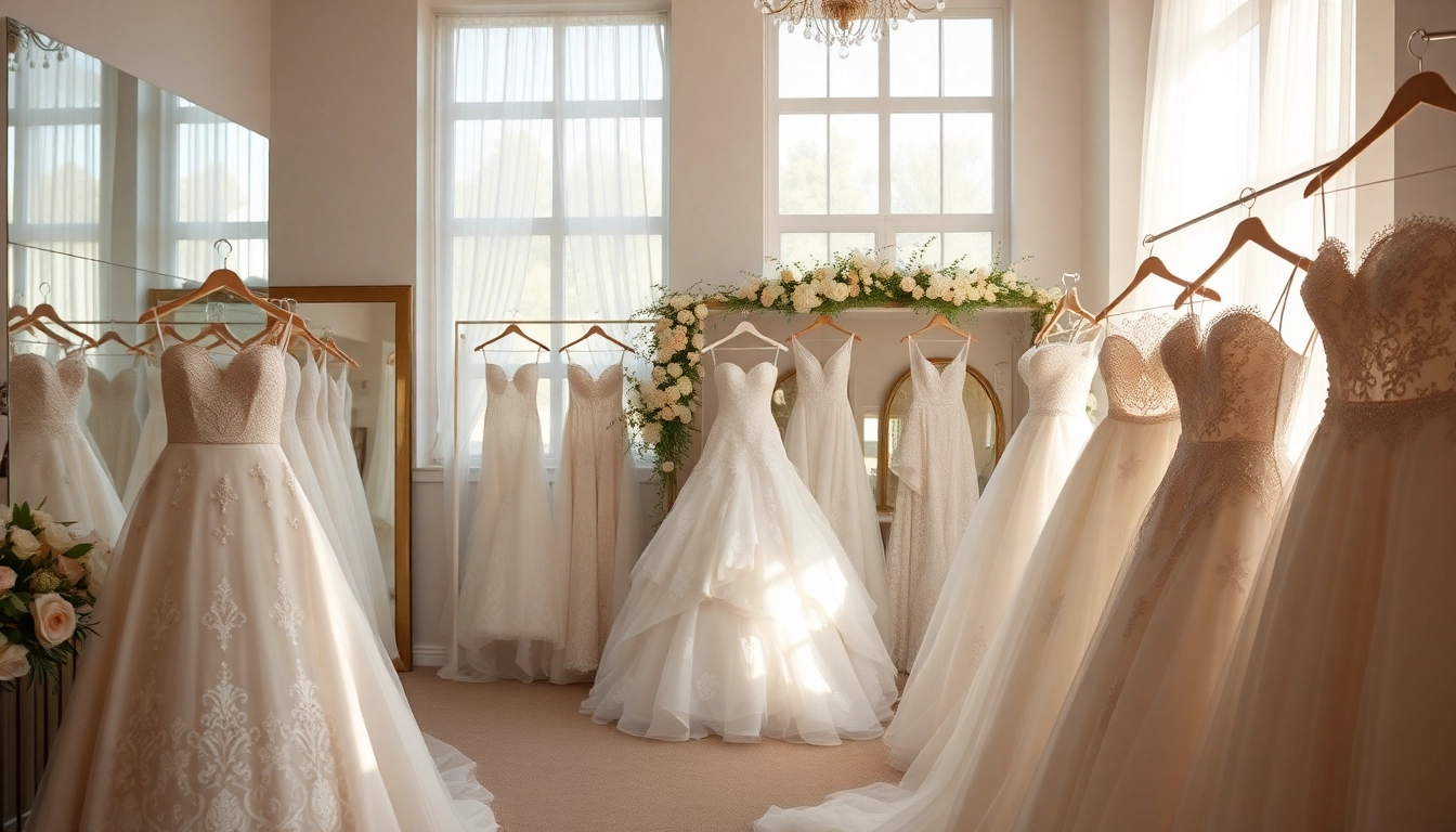 An inviting Manitoba bridal salons interior showcasing elegant wedding gowns in soft lighting.