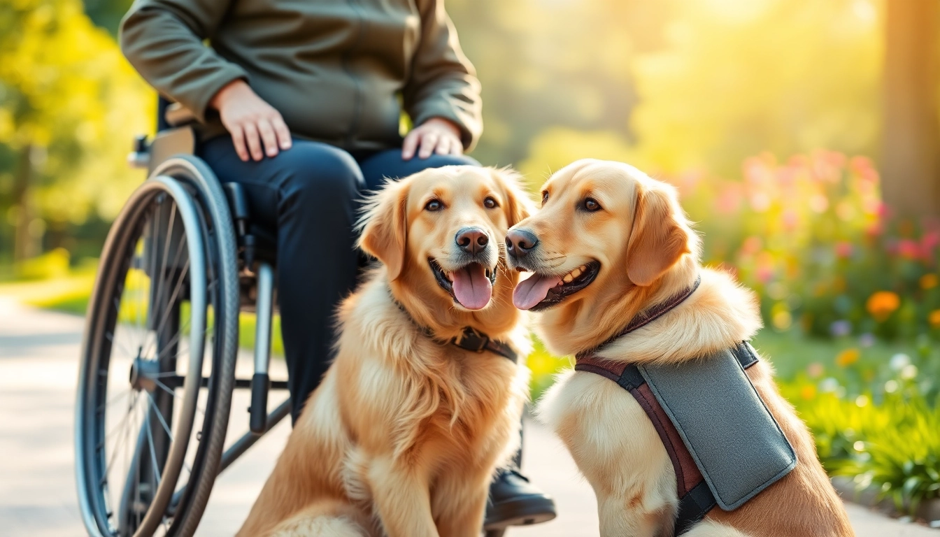 Service dogs for sale helping individuals in need, showcasing companionship and training in a bright park.