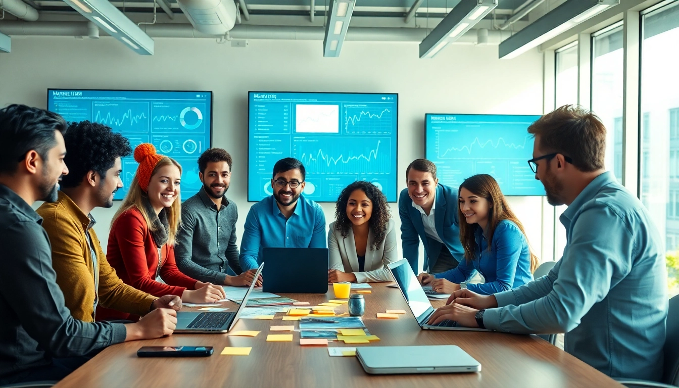 Engaged marketing team using an AI content marketing platform to enhance strategies collaboratively.