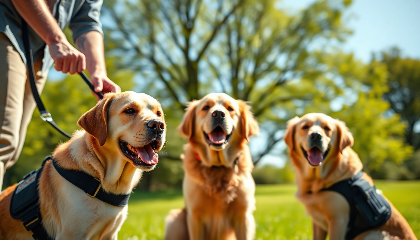 PTSD service dogs providing support and companionship in a peaceful park setting.