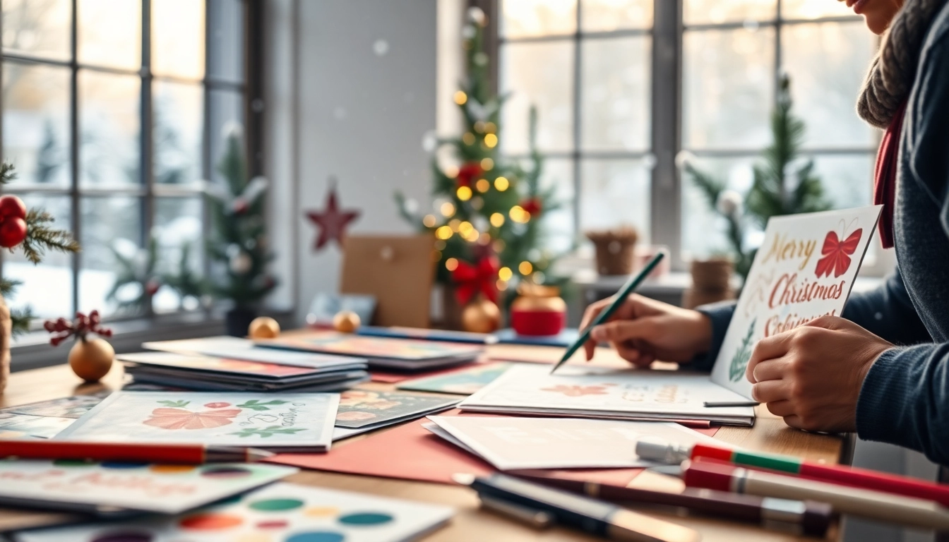 Designing next day Christmas cards in a vibrant holiday-themed creative studio.