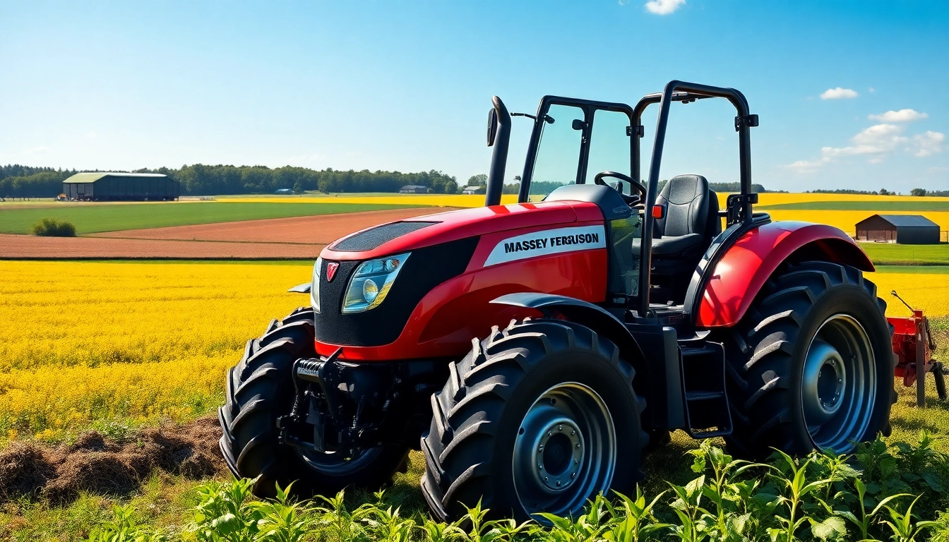 Massey Ferguson tractor operating in a vibrant farming landscape with rich green fields.