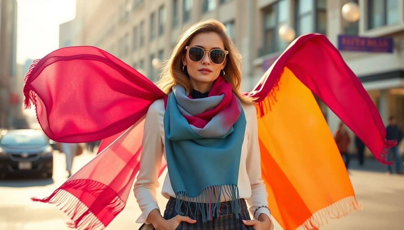 Wearing beautiful vela scarves, a stylish model poses in an urban setting showcasing self-expression.