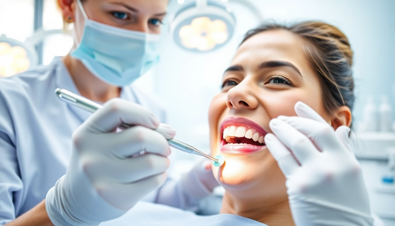 Dental hygienist demonstrating proper hygiene techniques during a teeth cleaning procedure.