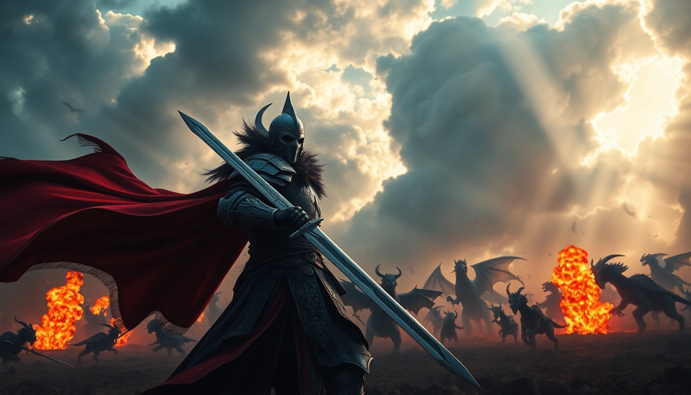 Warlords in a fierce battle, showcasing a heroic warrior with a sword and a chaotic background.