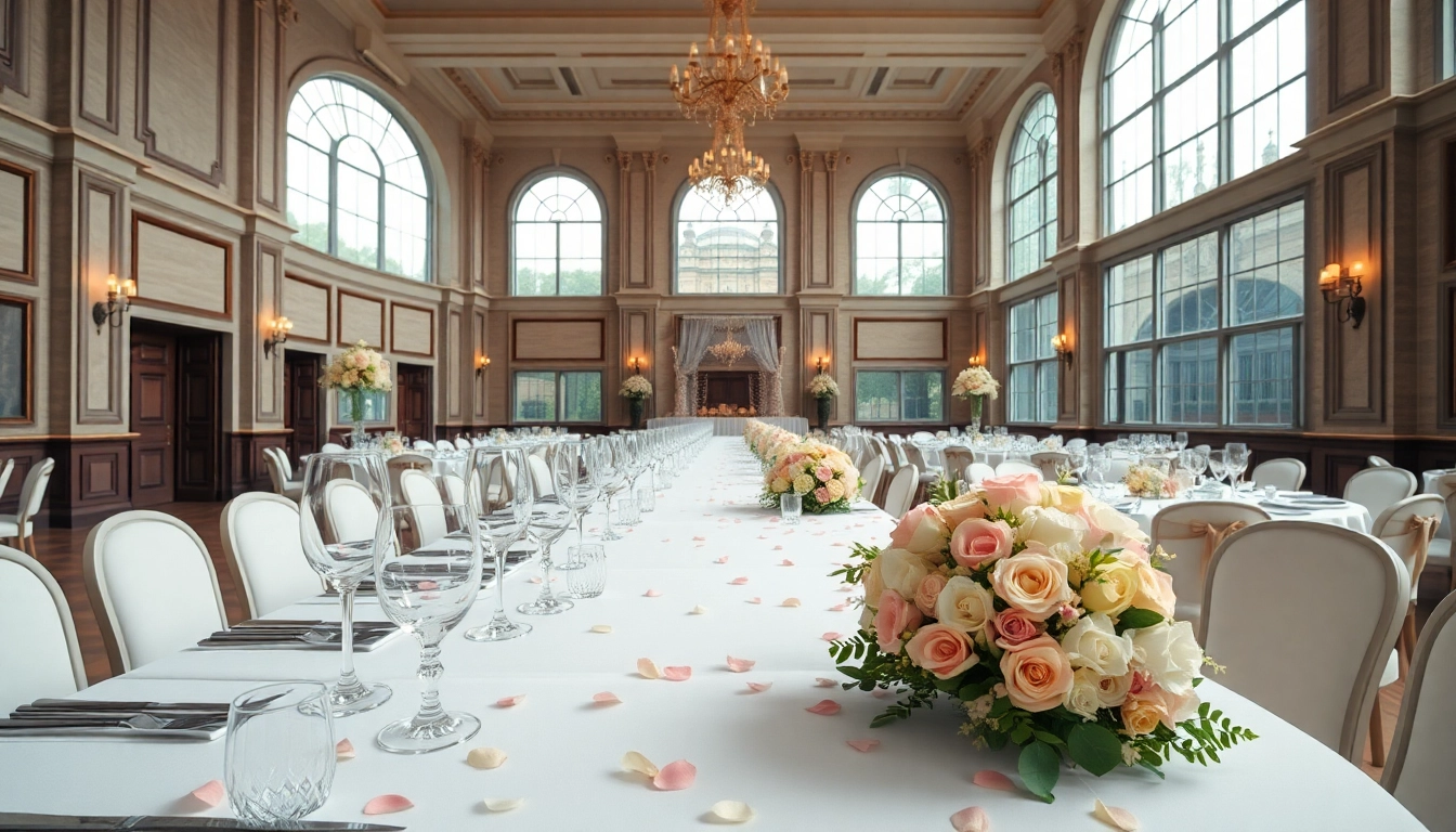 Experience an elegant wedding setting in le prestige hall with exquisite table decor and warm natural lighting.