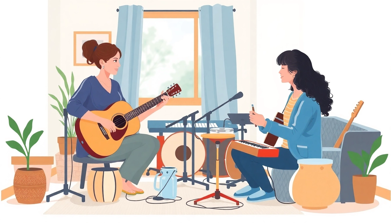 Musictherapie session illustrating a therapist interacting with a client through musical instruments.