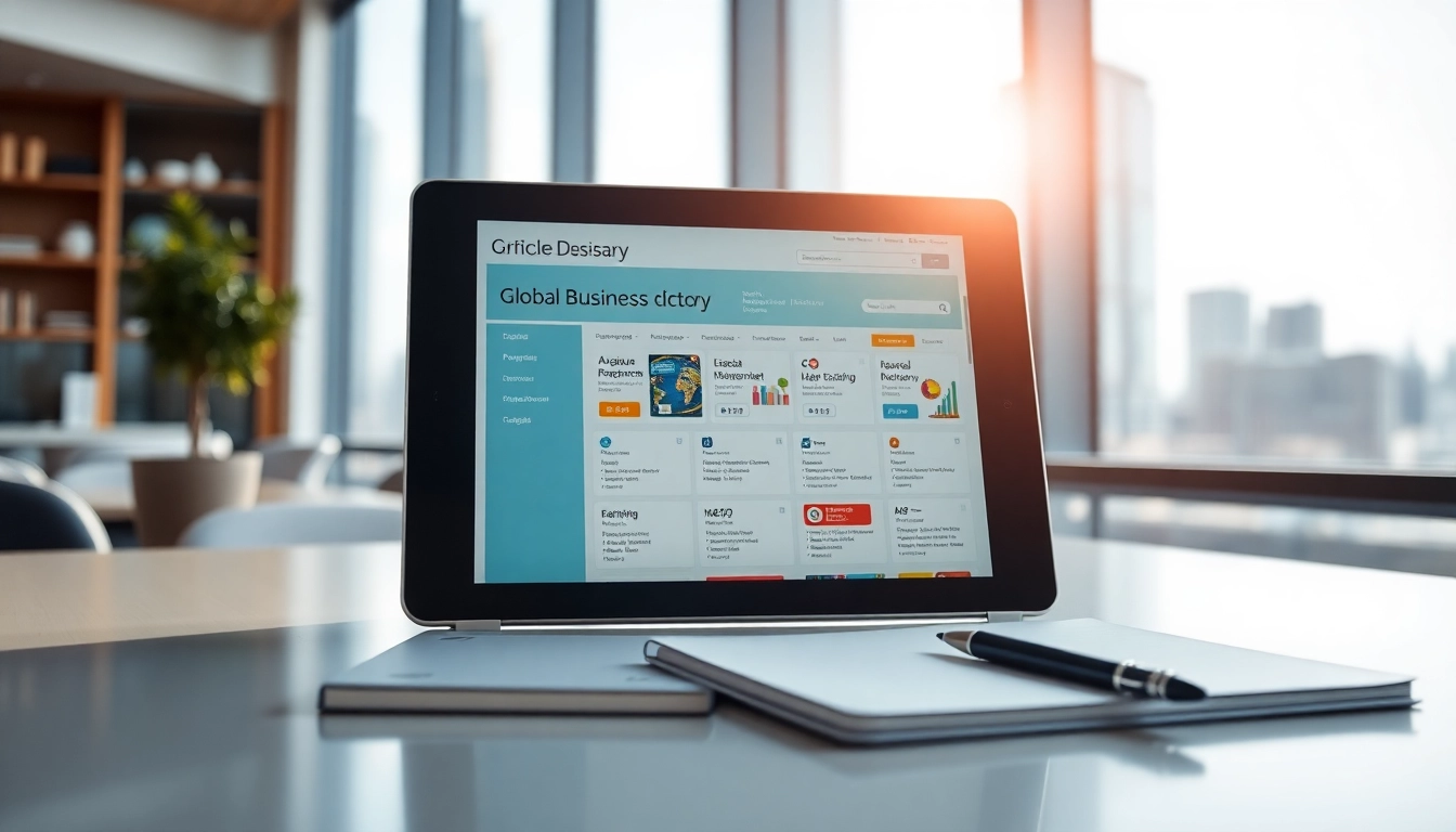 Engage with a global business directory on a modern device in a professional setting.
