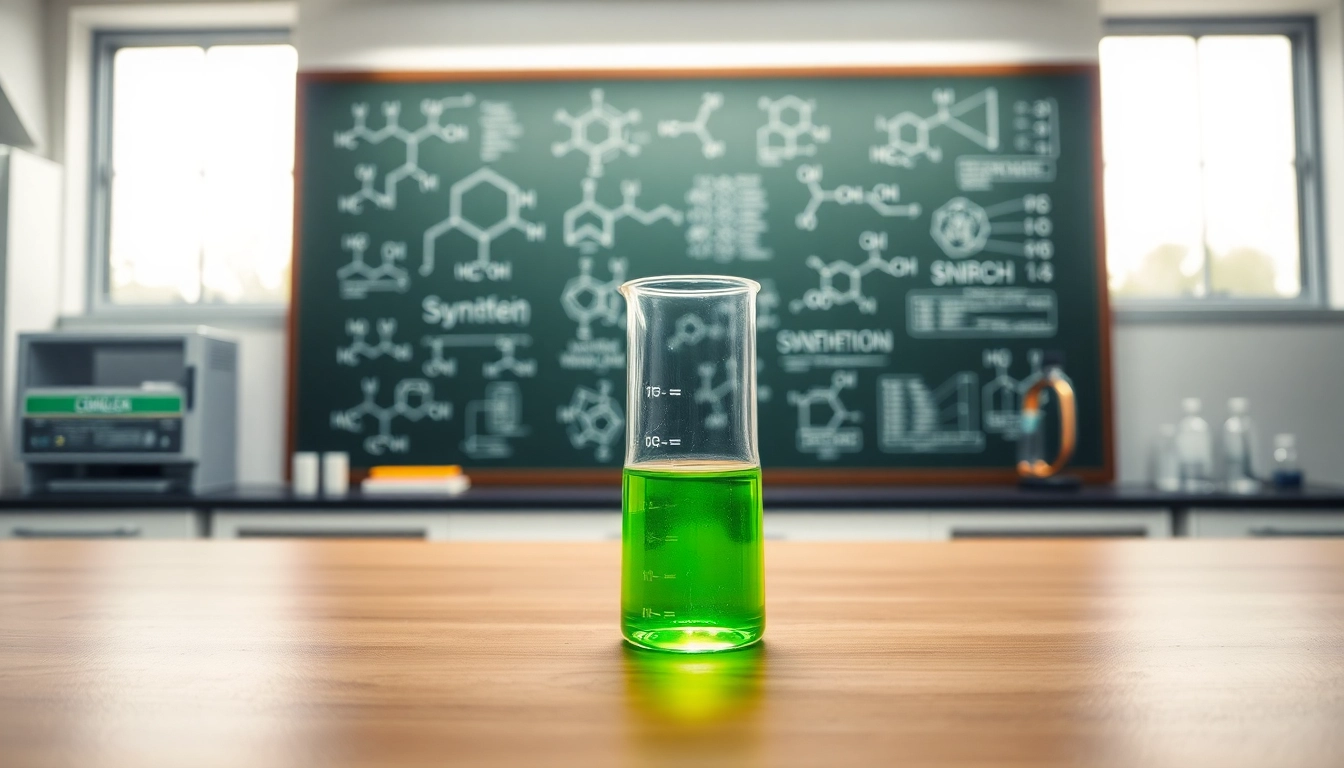 Synthetic Cannabinoids depicted in a laboratory setting highlighting compounds and vibrant green solvent.