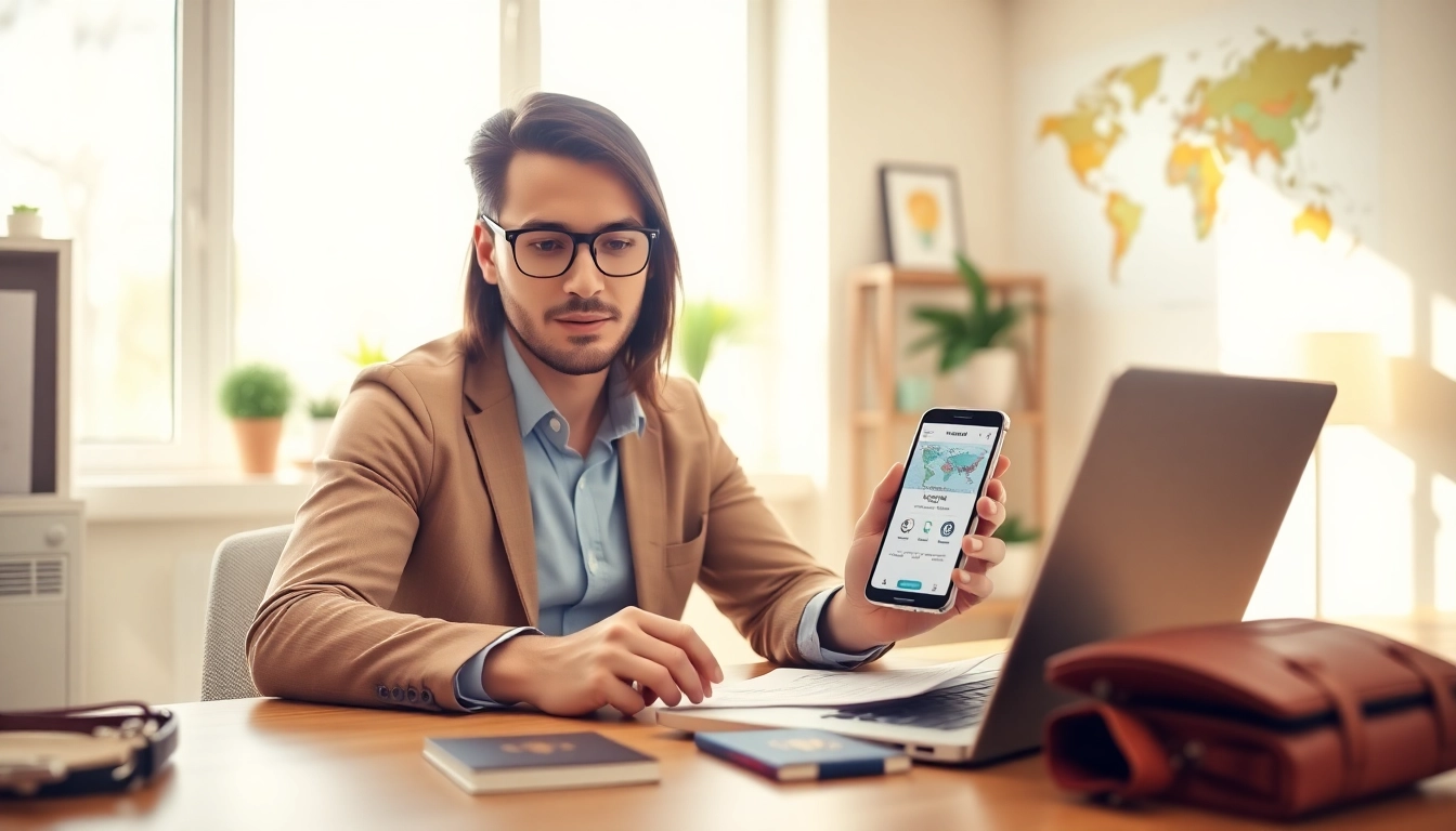 Understand the uk eta online application process with a traveler using a laptop and smartphone in a modern workspace.
