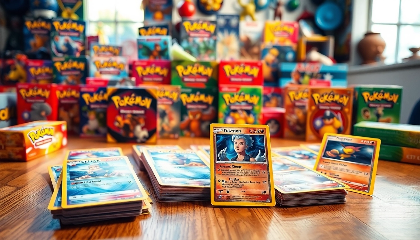 Showcase of real Pokémon cards featuring vibrant artwork and collectibles on a wooden table.
