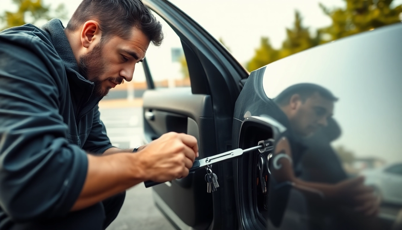 Locksmith retrieving keys locked in car using a slim jim tool in a parking lot.