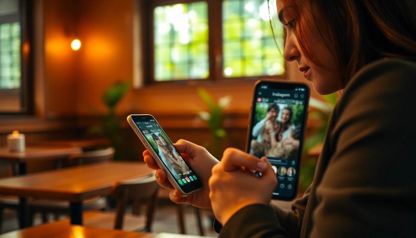 View Instagram stories anonymously on a smartphone in a cozy cafe setting.