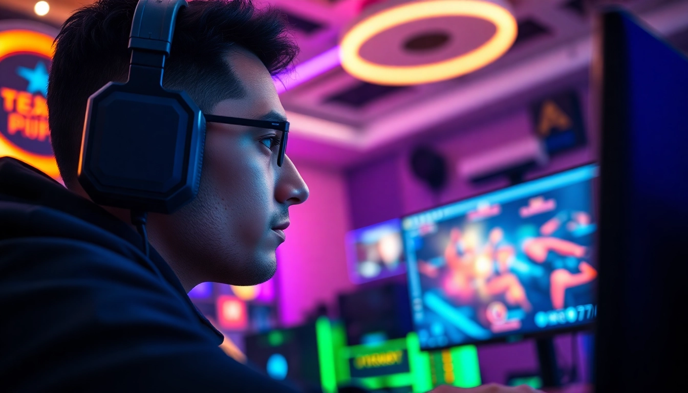 Gamer memainkan net77 game dengan fokus tinggi dan latar belakang ruangan gaming modern.