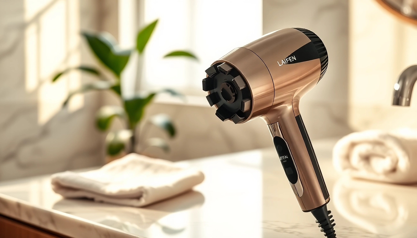 Showcase Laifen hair dryer Canada on a marble countertop with fresh towels and plants