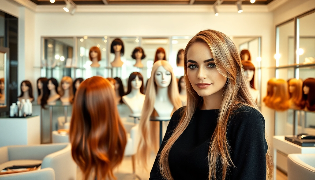Showcasing beautiful human hair wigs in a luxurious salon setting with elegant lighting.