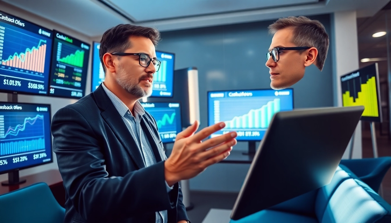 Evaluate the best cashback offers with a financial advisor analyzing data in a modern office.