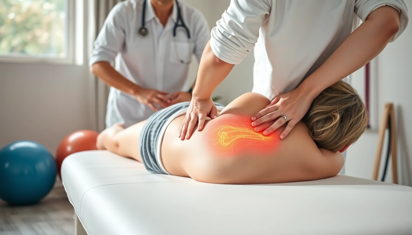 Therapist guiding a patient through sciatica treatment techniques in a clinic.