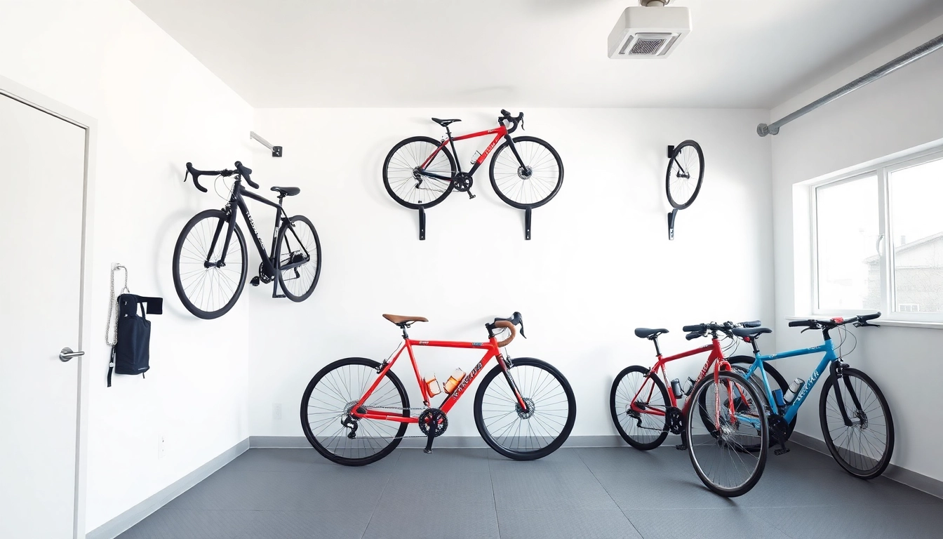 Organized Wall-mounted bike storage showcasing neatly arranged bicycles in a modern garage.