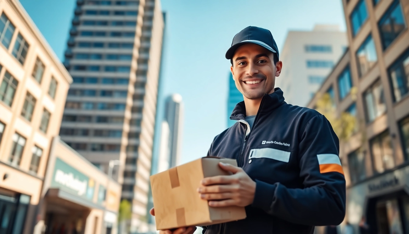 Shropshire courier delivering a package with a friendly smile in an urban setting